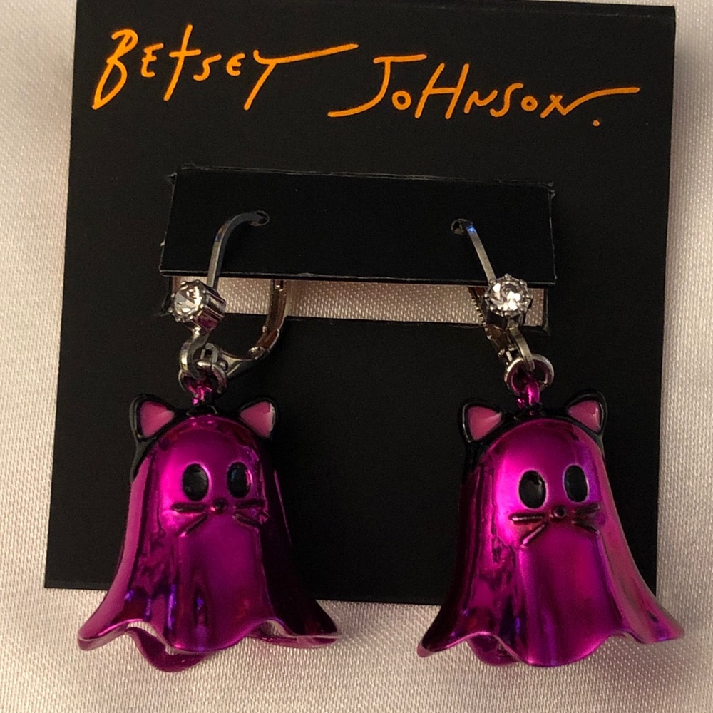 Betsey Johnson Hot Pink Metallic Ghost Cat Drop Earrings Crystal Accent NWT